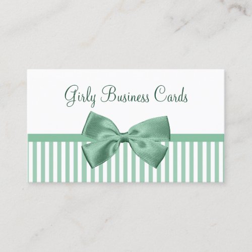 Mint and White Stripes With Girly Light Jade Bow Business Card