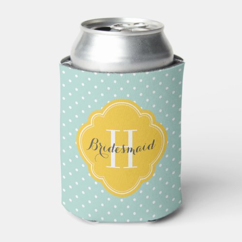 Mint and Yellow Polka Dots Monogram Can Cooler