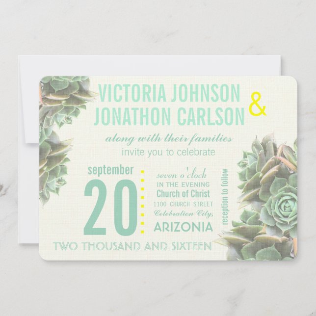 Mint and Yellow Succulent Modern Wedding Invitation (Front)