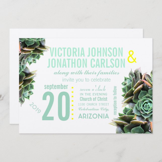 Mint and Yellow Succulent Modern Wedding Invitation (Front/Back)