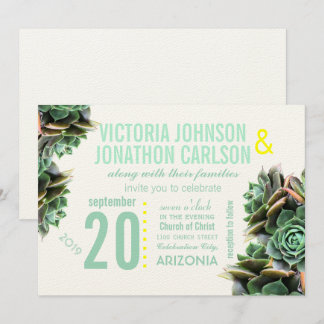 Mint and Yellow Succulent Modern Wedding Invitation