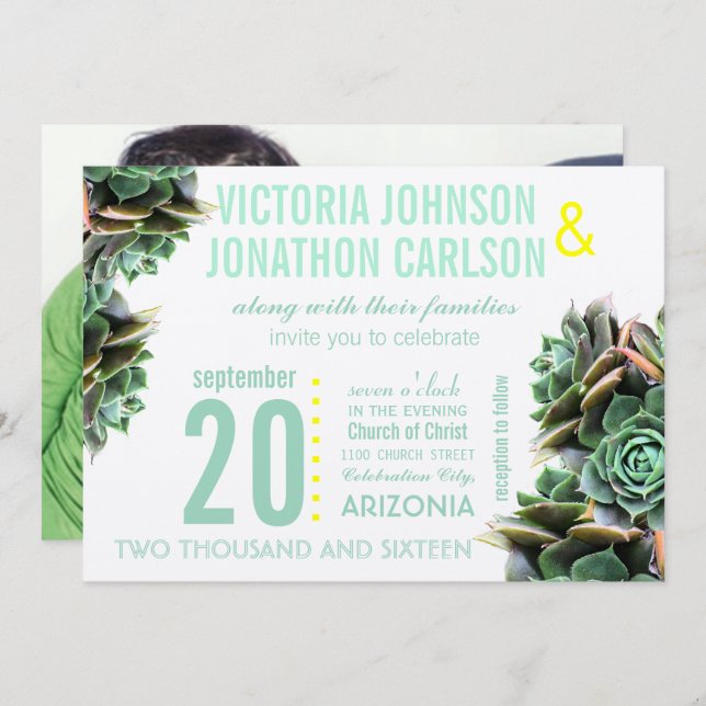 Mint and Yellow Succulent Modern Wedding Invitation (Front/Back)