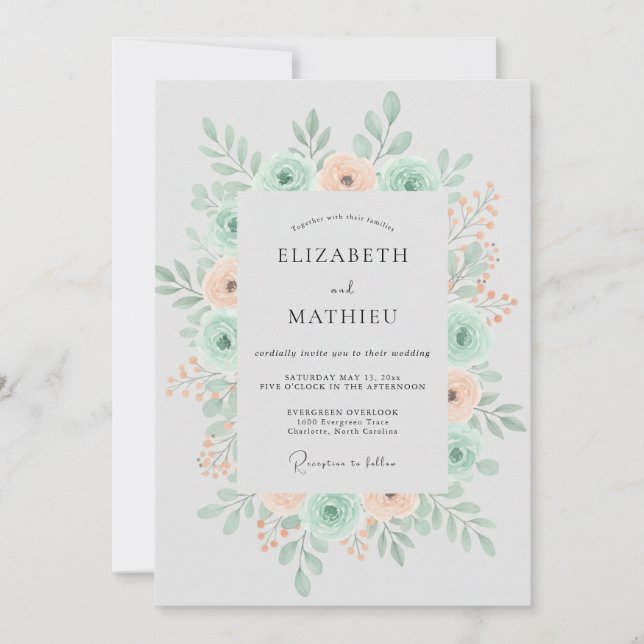 Mint Apricot Wreath Wedding Invitation (Front)