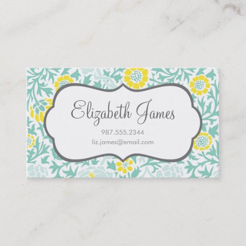 Mint Aqua &amp; Yellow Retro Floral Damask Business Card