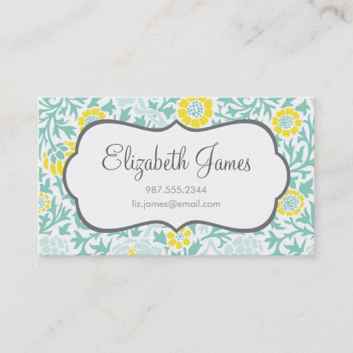 Customizable Mint Aqua &amp; Yellow Retro Floral Damask Business Card