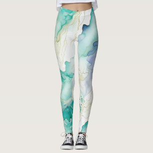 Mint Aqua Blue Ink Marble Leggings
