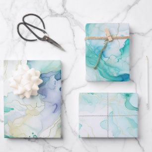 Mint Aqua Blue Ink Marble Wrapping Paper Sheets
