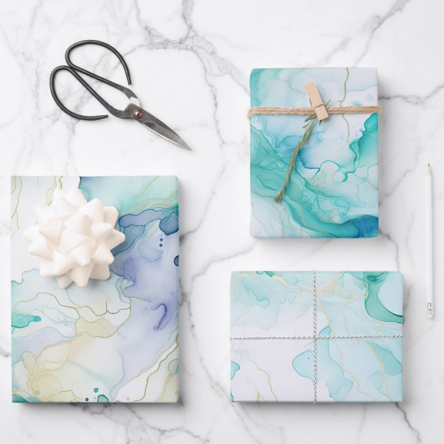 Mint Aqua Blue Ink Marble Wrapping Paper Sheets (Front)