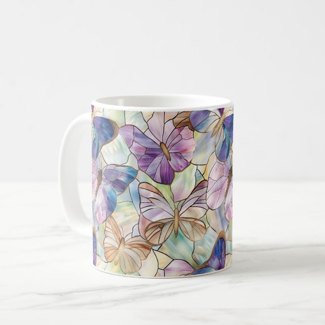 Mint Aqua Blue Purple Butterflies Coffee Mug (Front Left)