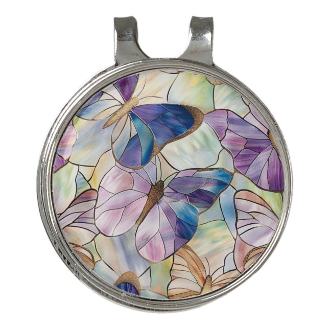 Mint Aqua Blue Purple Butterflies Golf Hat Clip (Front)