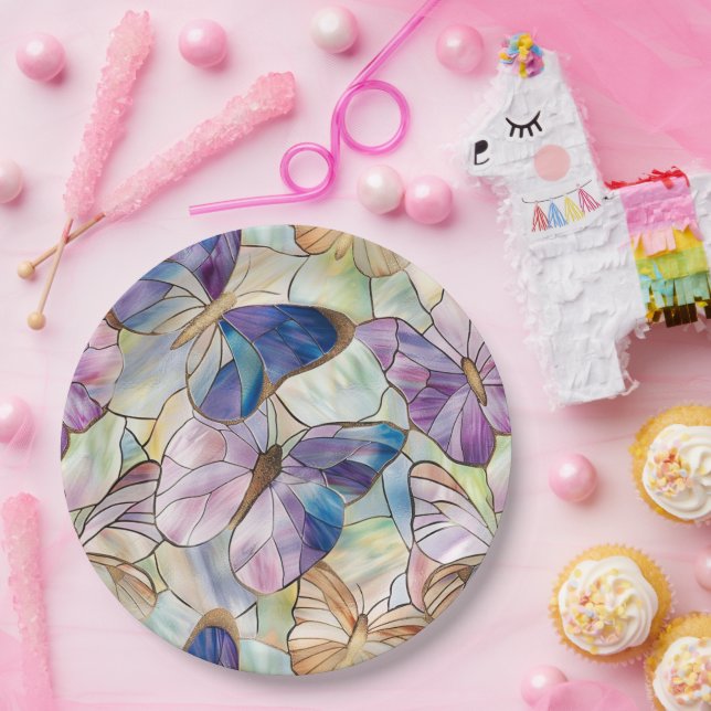 Mint Aqua Blue Purple Butterflies Paper Plates (Party)