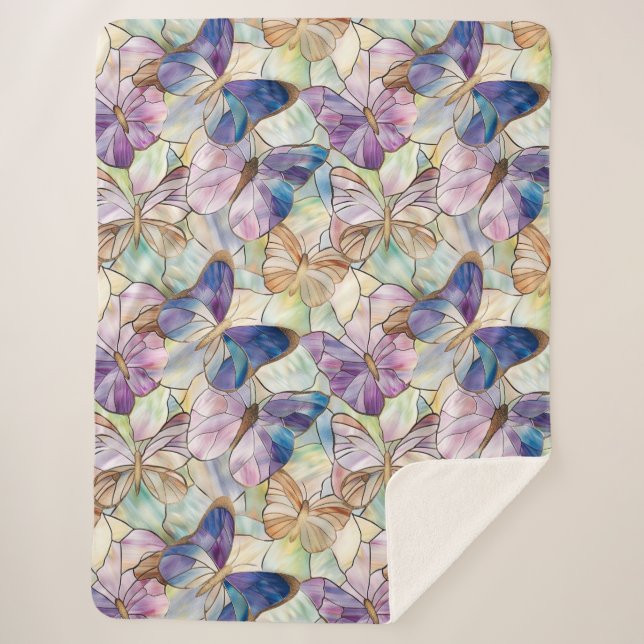 Mint Aqua Blue Purple Butterflies Sherpa Blanket (Front)
