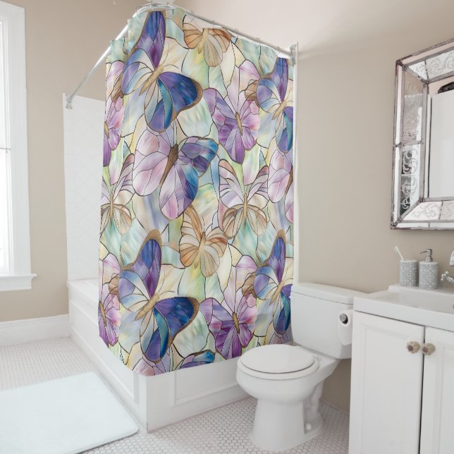Mint Aqua Blue Purple Butterflies Shower Curtain (In Situ)
