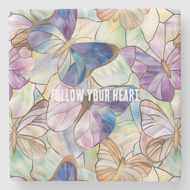 Mint Aqua Blue Purple Butterflies Stone Coaster (Front)