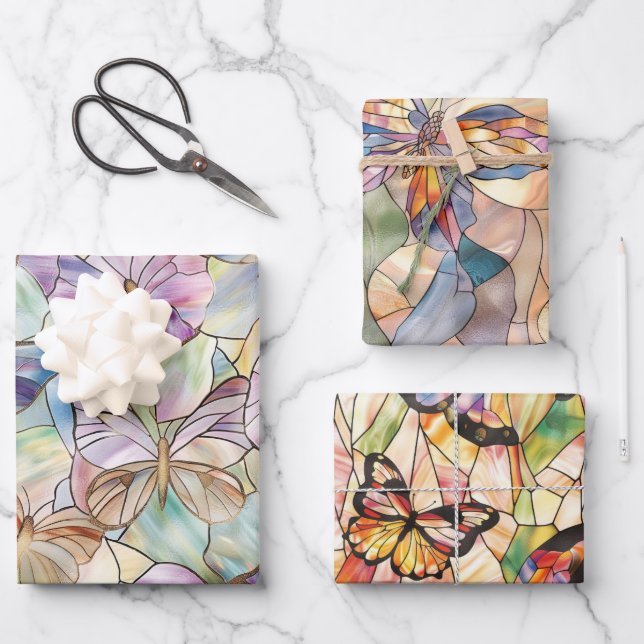 Mint Aqua Blue Purple Butterflies Wrapping Paper Sheets (Front)