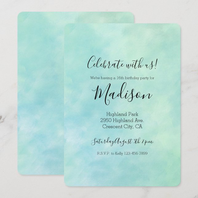 Mint Aqua Blue Tie Dye Watercolor Birthday Invitation (Front/Back)