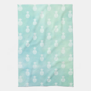 Mint Aqua Blue Watercolor Tropical Pineapples Kitchen Towel