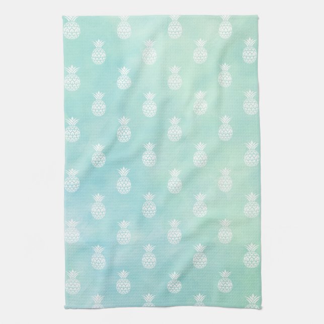 Mint Aqua Blue Watercolor Tropical Pineapples Kitchen Towel (Vertical)