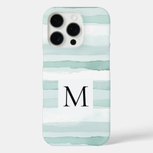 Mint Aqua Blue White Stripes Monogram iPhone 16 Pro Case