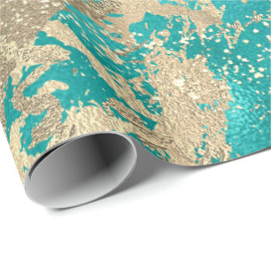 Mint Aqua Champaigne Gold Marble Metallic Strokes Wrapping Paper