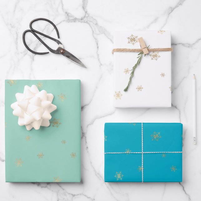 Mint Aqua Christmas Gold Snowflakes Wrapping Paper Sheets (Front)