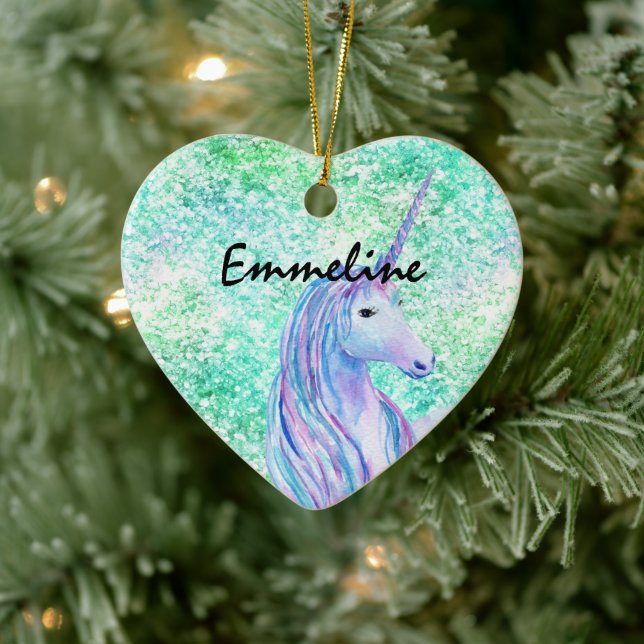 Mint Aqua Confetti Glitter Unicorn Ceramic Ornament (Tree)