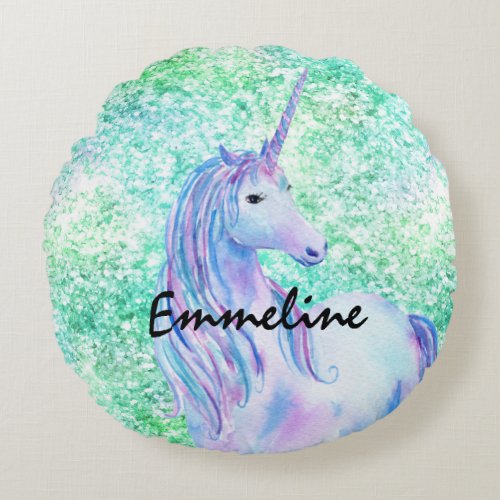 Mint Aqua Confetti Glitter Unicorn Round Pillow