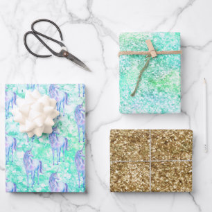 Mint Aqua Confetti Glitter Unicorn Wrapping Paper Sheets