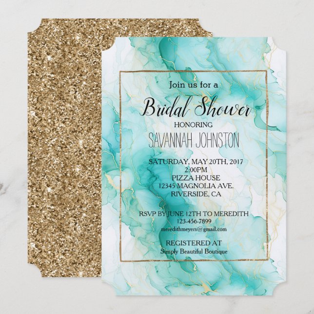 Mint Aqua Glam Elegant Gold Marble Invitation (Front/Back)