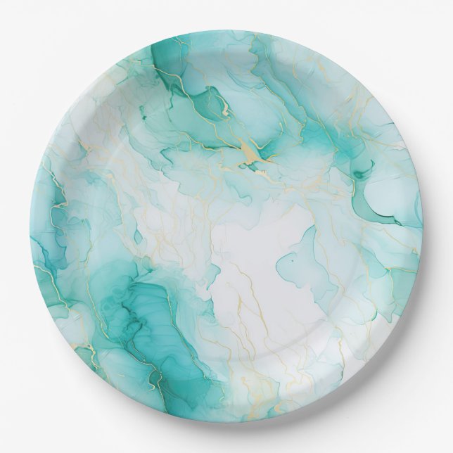 Mint Aqua Glam Elegant Gold Marble Paper Plates (Front)