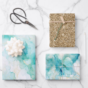 Mint Aqua Glam Elegant Gold Marble Wrapping Paper Sheets