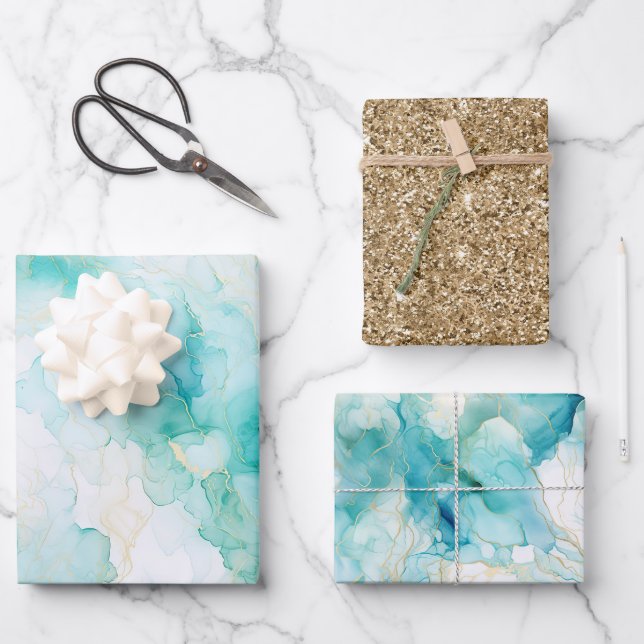 Mint Aqua Glam Elegant Gold Marble Wrapping Paper Sheets (Front)