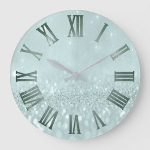 Mint Aqua Glitter Gray Metallic Roman Numers Large Clock
