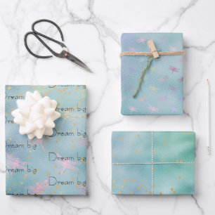Mint Aqua Gold Confetti Dreamy Dragonflies Wrapping Paper Sheets