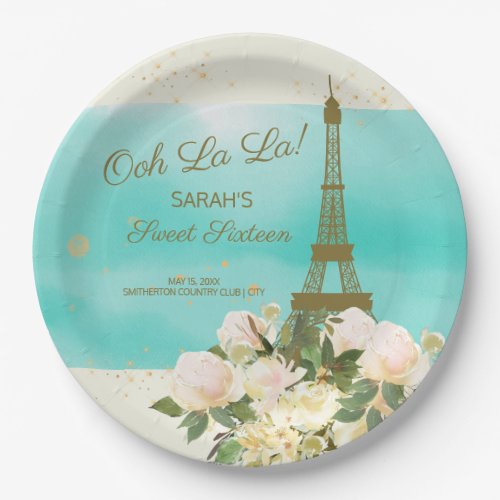 Mint Aqua Gold Eiffel Tower Paris Sweet 16 Paper Plates