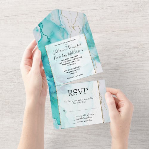 Mint Aqua Gold Ink Marble All In One Invitation