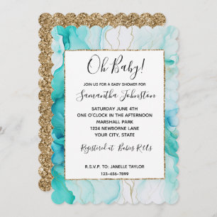 Mint Aqua Gold Ink Marble Invitation