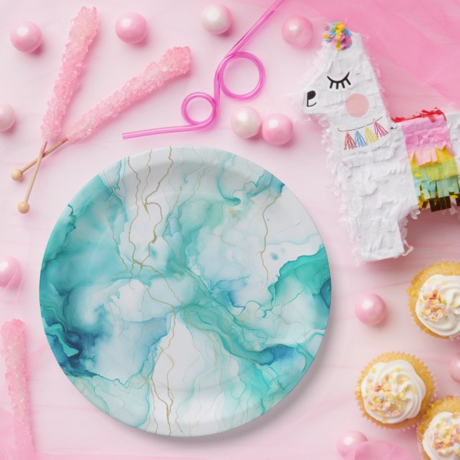 Mint Aqua Gold Ink Marble Paper Plates (Party)