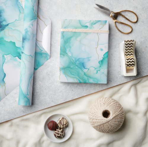 Mint Aqua Gold Ink Marble Wrapping Paper