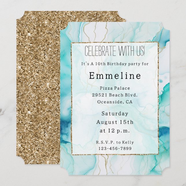 Mint Aqua Gold Mermaid Ink Marble Invitation (Front/Back)