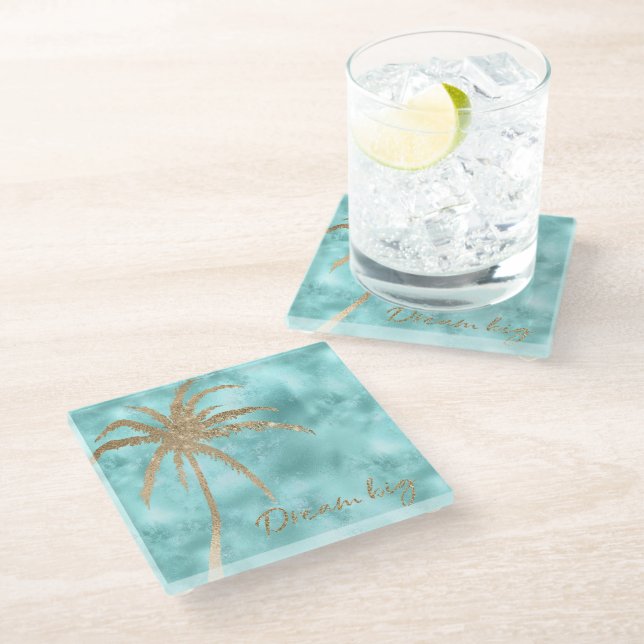 Mint Aqua Gold Palm Tree Glitter Dream      Glass Coaster (Angled)