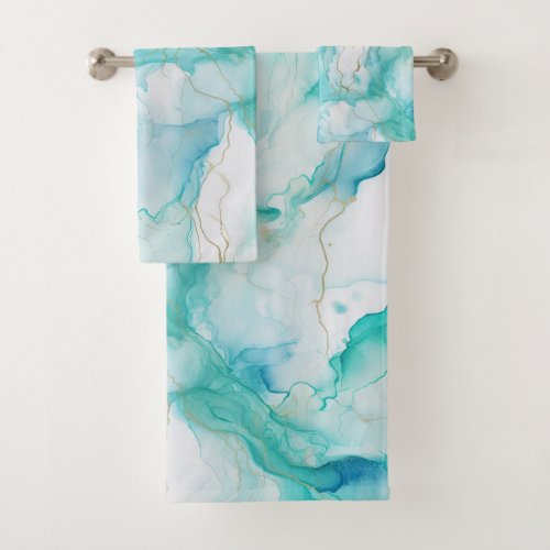 Mint Aqua Ink Marble Bath Towel Set