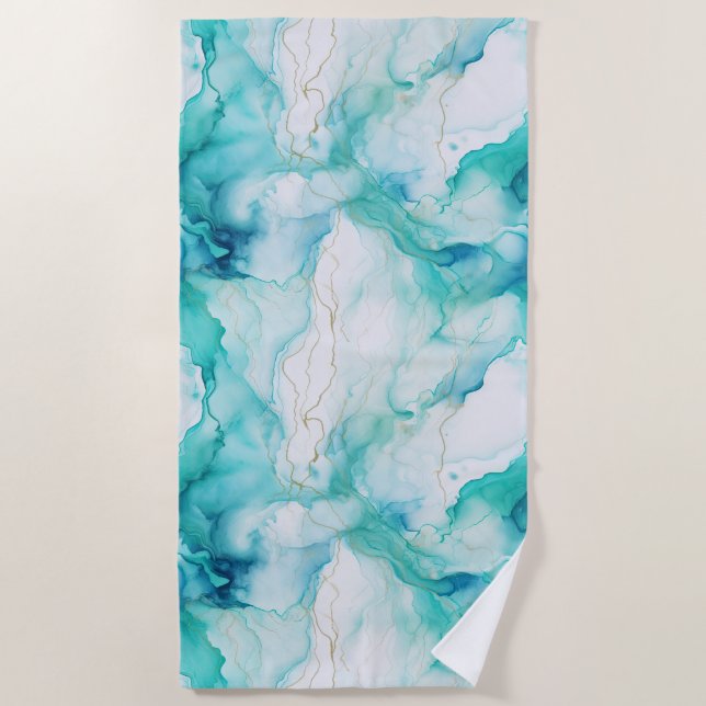Mint Aqua Ink Marble Beach Towel (Front)
