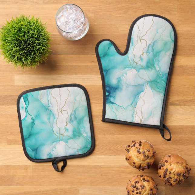 Mint Aqua Ink Marble Oven Mitt & Pot Holder Set (Top Down)