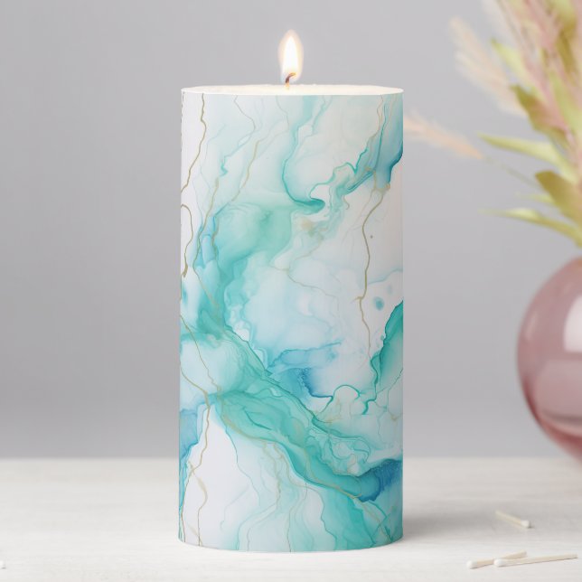 Mint Aqua Ink Marble Pillar Candle (In Situ)