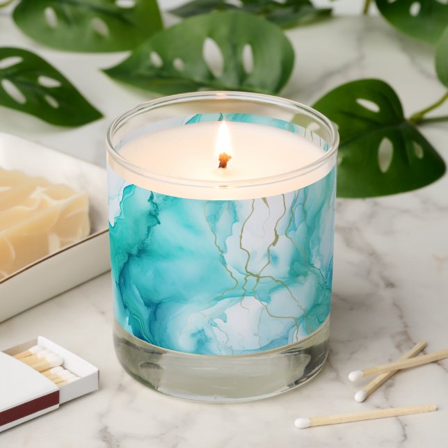 Mint Aqua Ink Marble Scented Candle (Lit)