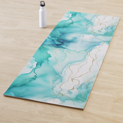 Mint Aqua Ink Marble Yoga Mat