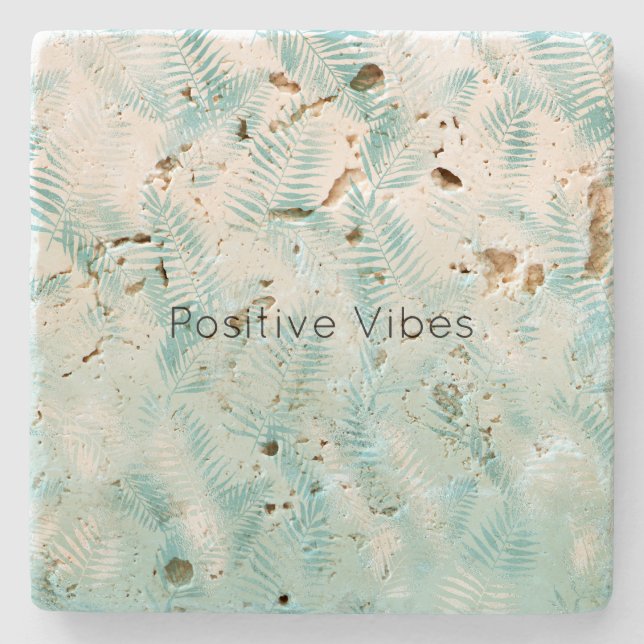 Mint Aqua Ombre Tropical Leaves    Stone Coaster (Front)