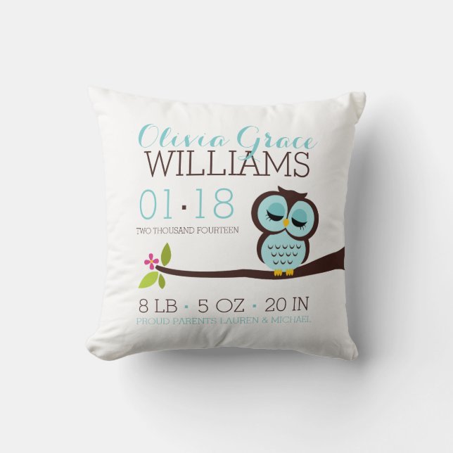 Mint Aqua Owl Baby Birth Announcement Throw Pillow (Front)