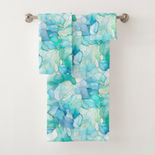 Mint Aqua Pearl Gold Marble Bath Towel Set